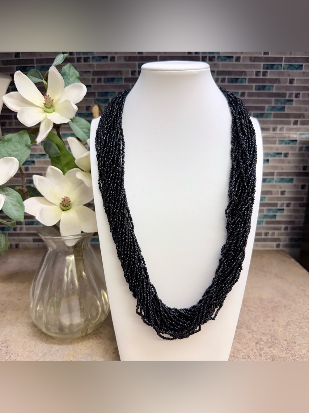 Vintage 1980s Twisted Multistrand Black Glass Beaded Necklace
